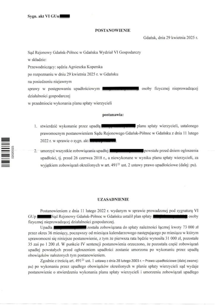 Postanowienie sądu upadłościowego o umorzeniu zobowiązań w upadłości konsumenckiej